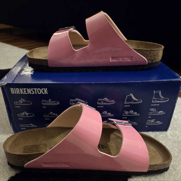 BIRKENSTOCK ARIZONA BS PATENT 'CANDY PINK/BLK' SLIDE SZ EU 39 - Picture 2 of 6